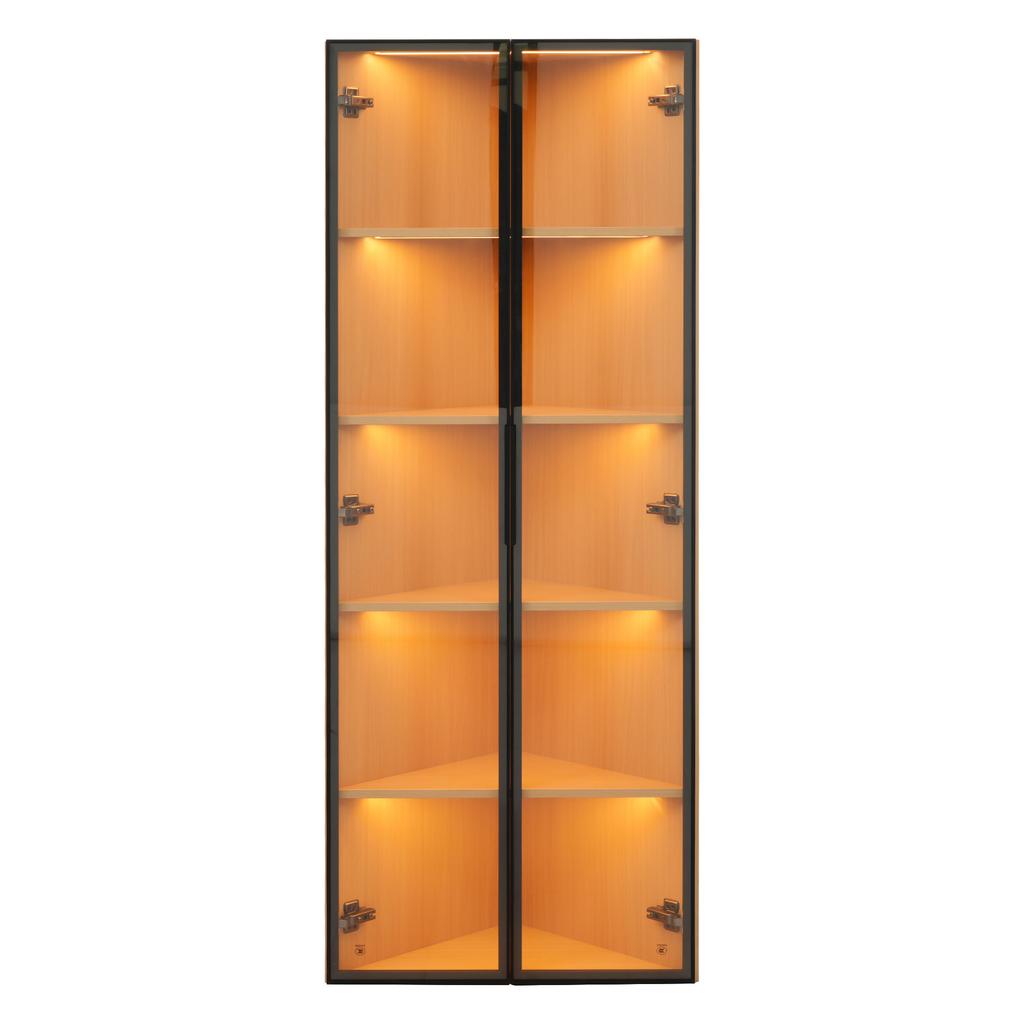 LED glass cabinet 62x35x160cm – oak exterior, light strip, dust-proof, tempered glass, corner cabinet with door – bookshelf, wine cabinet