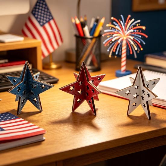 Wooden Independence Day Ornament, 3D Spliced Stars Red White Blue Patriotic Decoration, Fourth of July Decoration