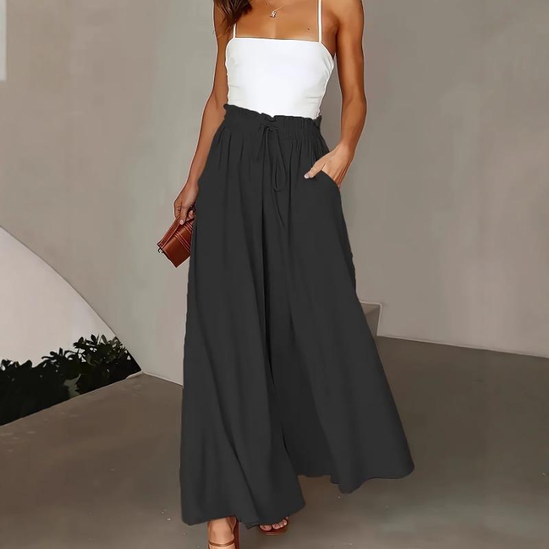 Women Spring Summer New High Waist Elastic Waistband Wide Leg Palazzo Pants Skirt Pants S чёрный