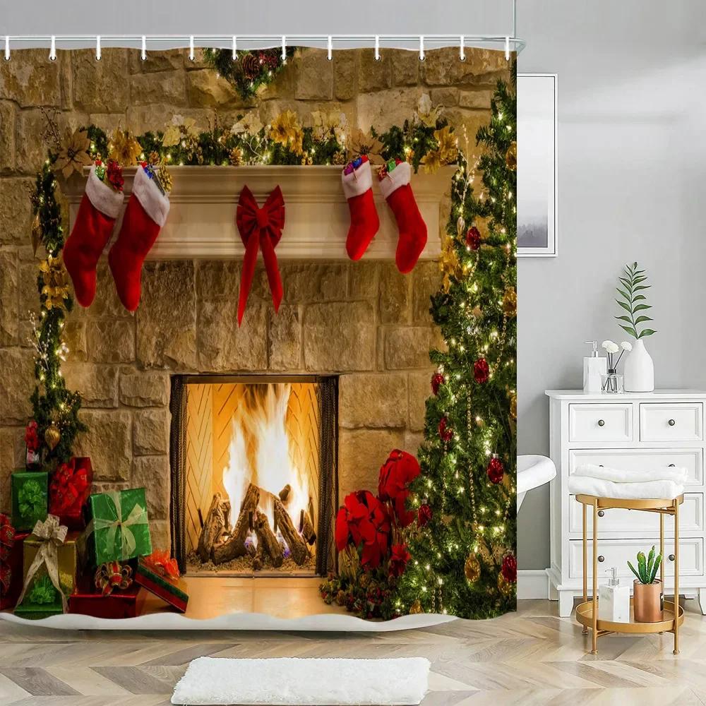 Xmas Decorative Shower Curtains Fireplace Christmas Tree Winter New Year Gift Bathroom Decor Fabric Bath Curtian Hanging