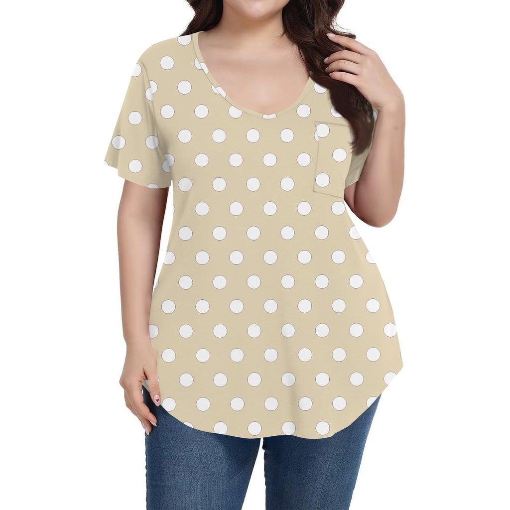 Women's Printing Large Size V-neck Top Loose Pocket T-shirt