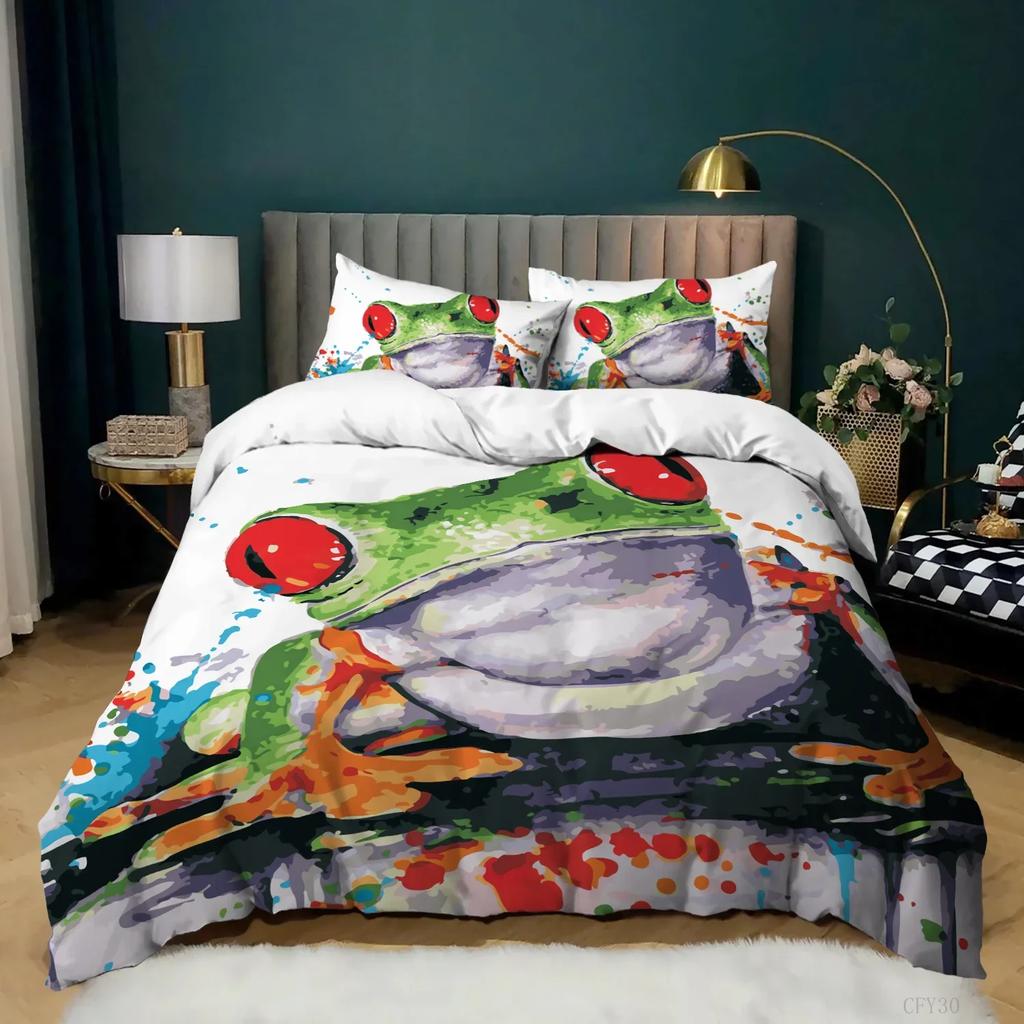 Comforter Frog Bedding Set King Size Funny Frog Tropical Amphibian Duvet Set For Kid 3D Tropical Nature Animal For Home Decor