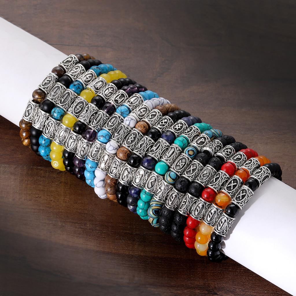 Viking Men Bracelet Norse Runes Stone 8mm Natural Jade Sodalite Turquoise Lava Beads Jewelry Bangles Homme Pulseras