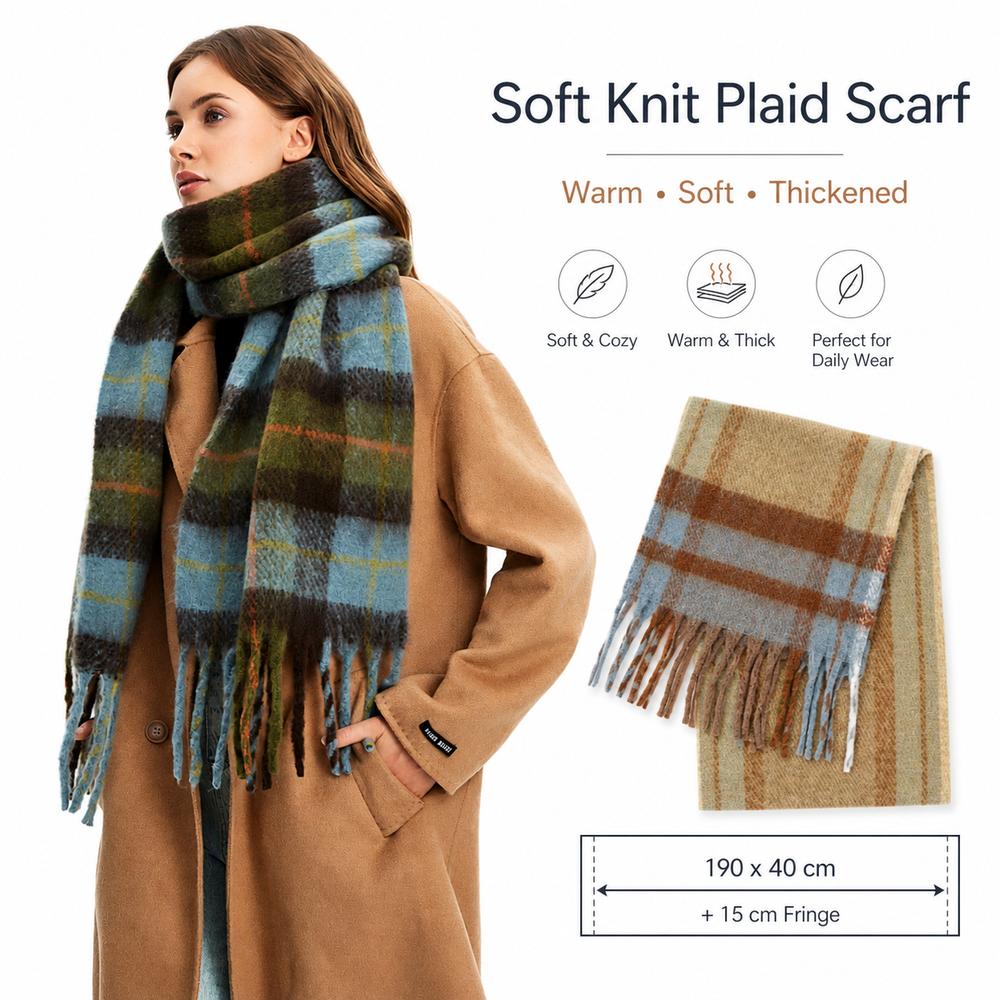 Tassel Fringe Plaid Wrap Soft Knit Long Scarf Elegant Winter Scarf For Unisex