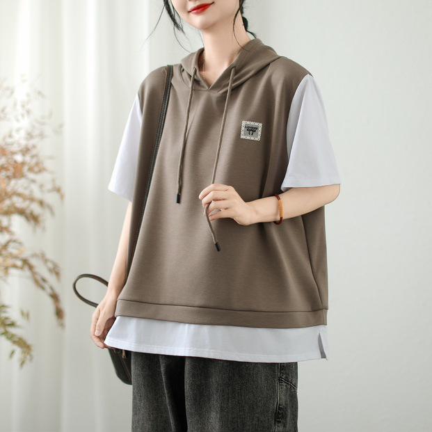 

Женский летний однотонный худи и футболка с коротким рукавом, двухпредметный комплект 2025 One Size кофейный