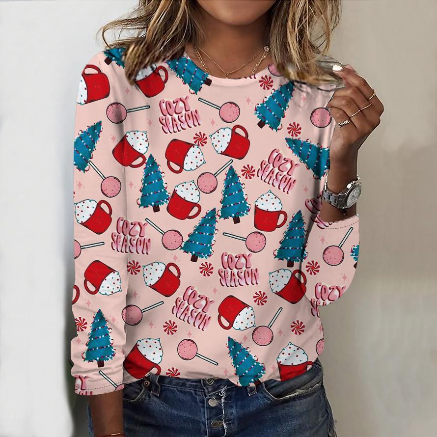 Tops For Women Christmas Tree Print Round Neck Long Sleeve T-shirt Fall Casual Slim Pullover Women's Long Sleeve Top