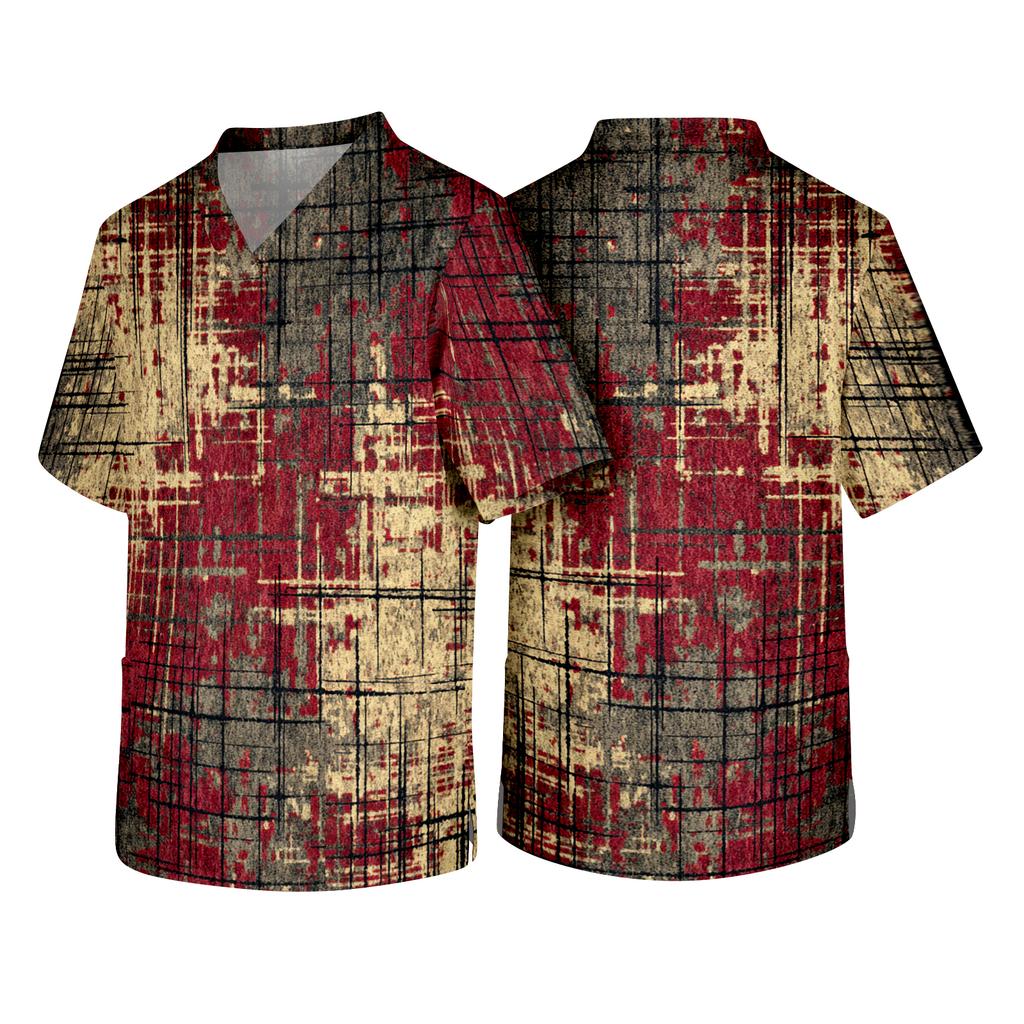 Men's V Neck Short Sleeve Textured Print Pocket Scrub Top Lightweight Breathable Fabric Medical Uniform Shirt for Healthcare Professionals