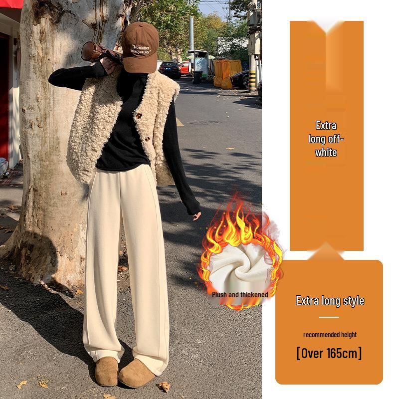 Off-white Wool High-Waisted Wide-Leg Pants for Women - Autumn/Winter, Plus Velvet, Slimming Fit.