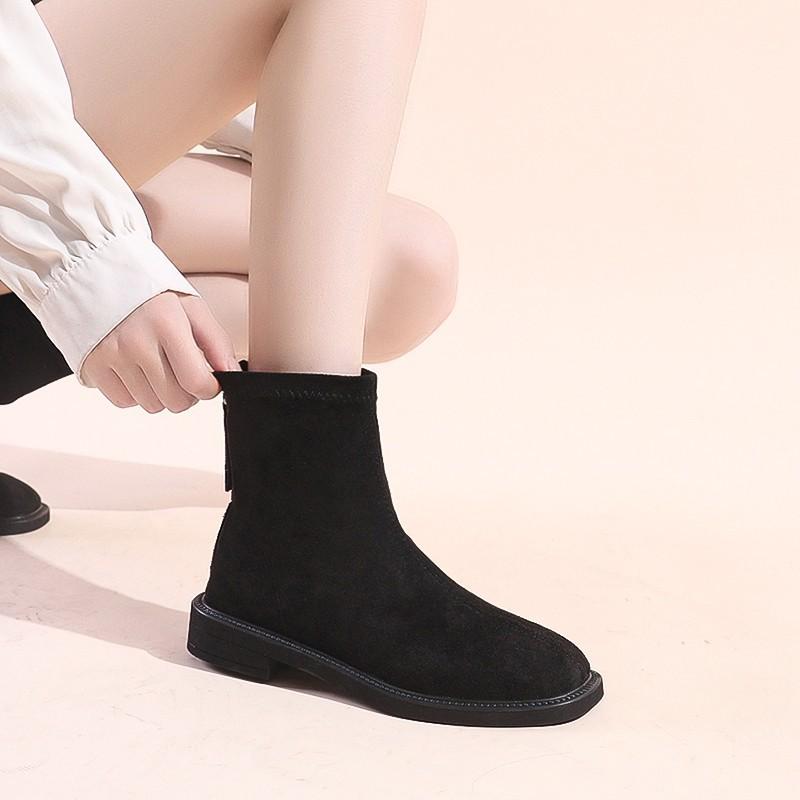 Large Size Low Heel Simple Short Boots Women's 2025 Korean Version of the New Suede Rear Zipper Thick Heel Thin Short Martin Boots