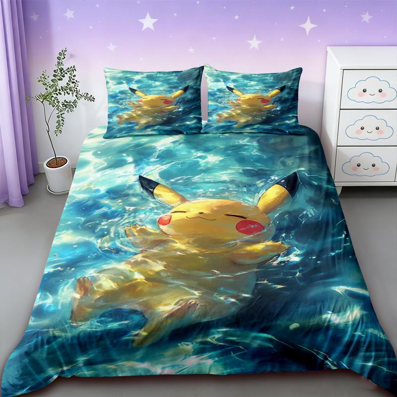 Pikachu Bedding Set Cartoon Anime Children Bedroom Quilt Cover Boy Girl Bedclothes Single Double King Pikachu Duvet Cover Gift