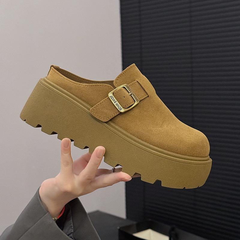 Frosted thick-soled inner height-increasing women's shoes, spring and autumn half-towing bag head, one foot pedaling lazy slippers