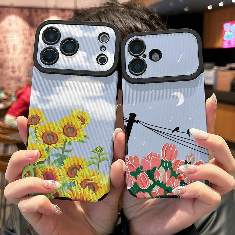 Sunflowers Tulips Floral Printed Vertical Grain Leather Soft Silicone Phone Case Back Cover with Camera Lens Full Protection for iPhone 17