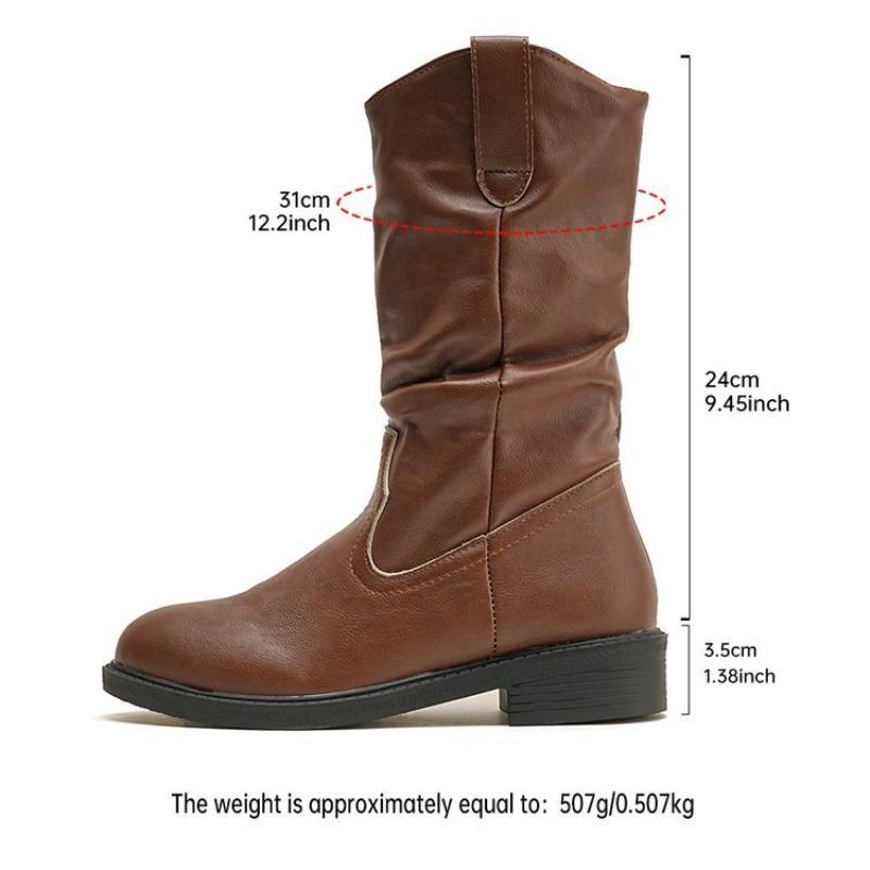 Women's Plus-Size Brown Fleece-Lined Mid-Calf Leather Boots - Autumn/Winter, European and American Style, Square Heel, Fashionable