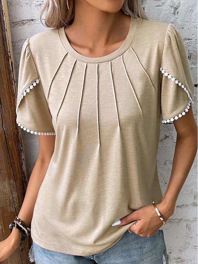 2026 Women's Summer Solid Color Pleated T-Shirt with Lace Short Sleeves