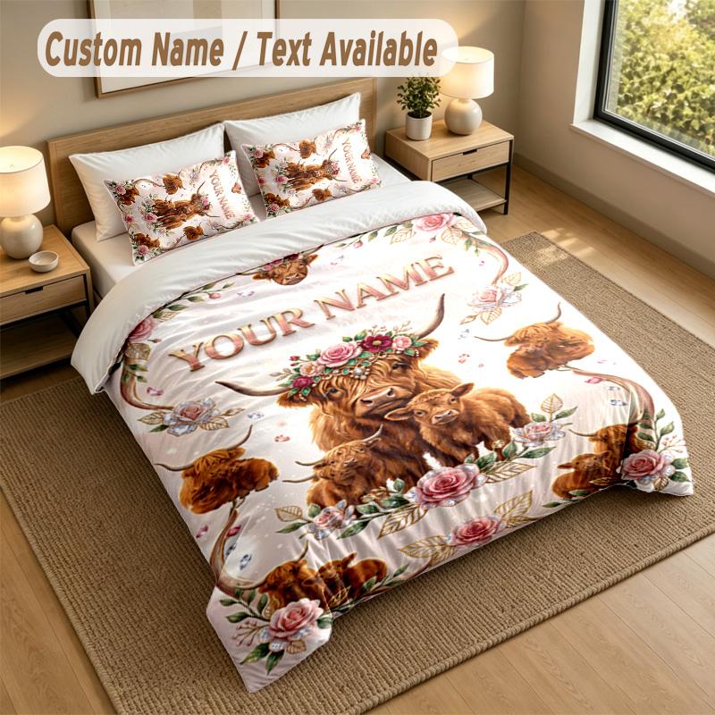 Cow Highland Theme Personalized 3Pcs Bedding Set Custom Text & Name 1 Sheet 2 Pillowcases Household Bedding 1pc