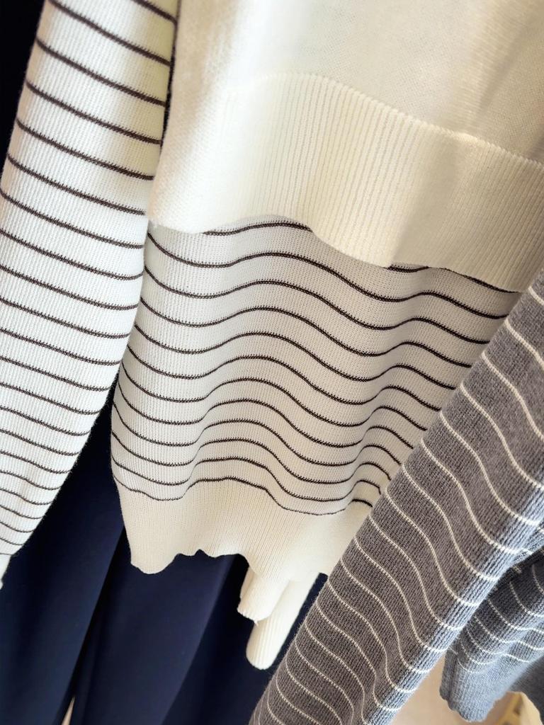 Women's 2025 Spring/Autumn Striped Knitwear Set: Round Neck, Short, Loose-Fit Sweater & Base Shirt.