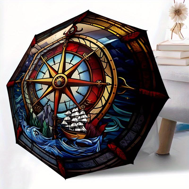 1pc Maritime Compass Compact Travel Umbrella, Automatic Folding Lightweight Windproof 8-Bone Reinforced Design, Portable for Backpack Durabl