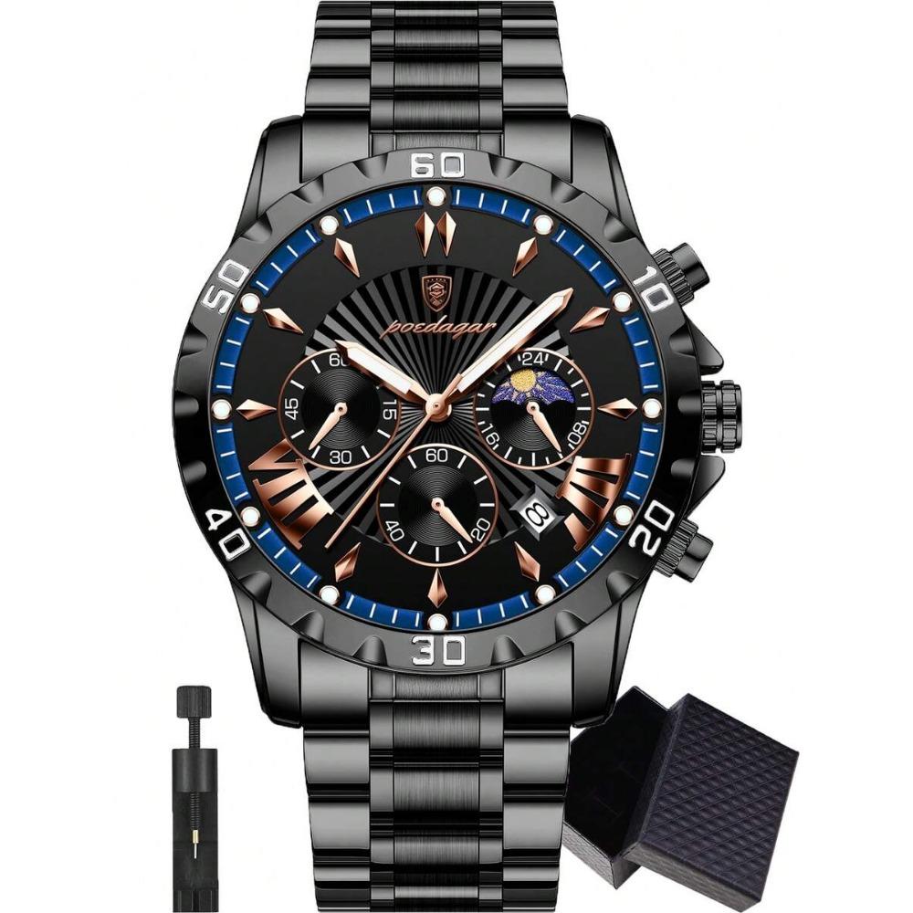POEDAGAR Herren Edelstahl Mode Chronograph Kalender Quarz Uhr, Geburtstags-/Feiertagsgeschenk, Geeignet für den täglichen Freizeitgebrauch schwarz