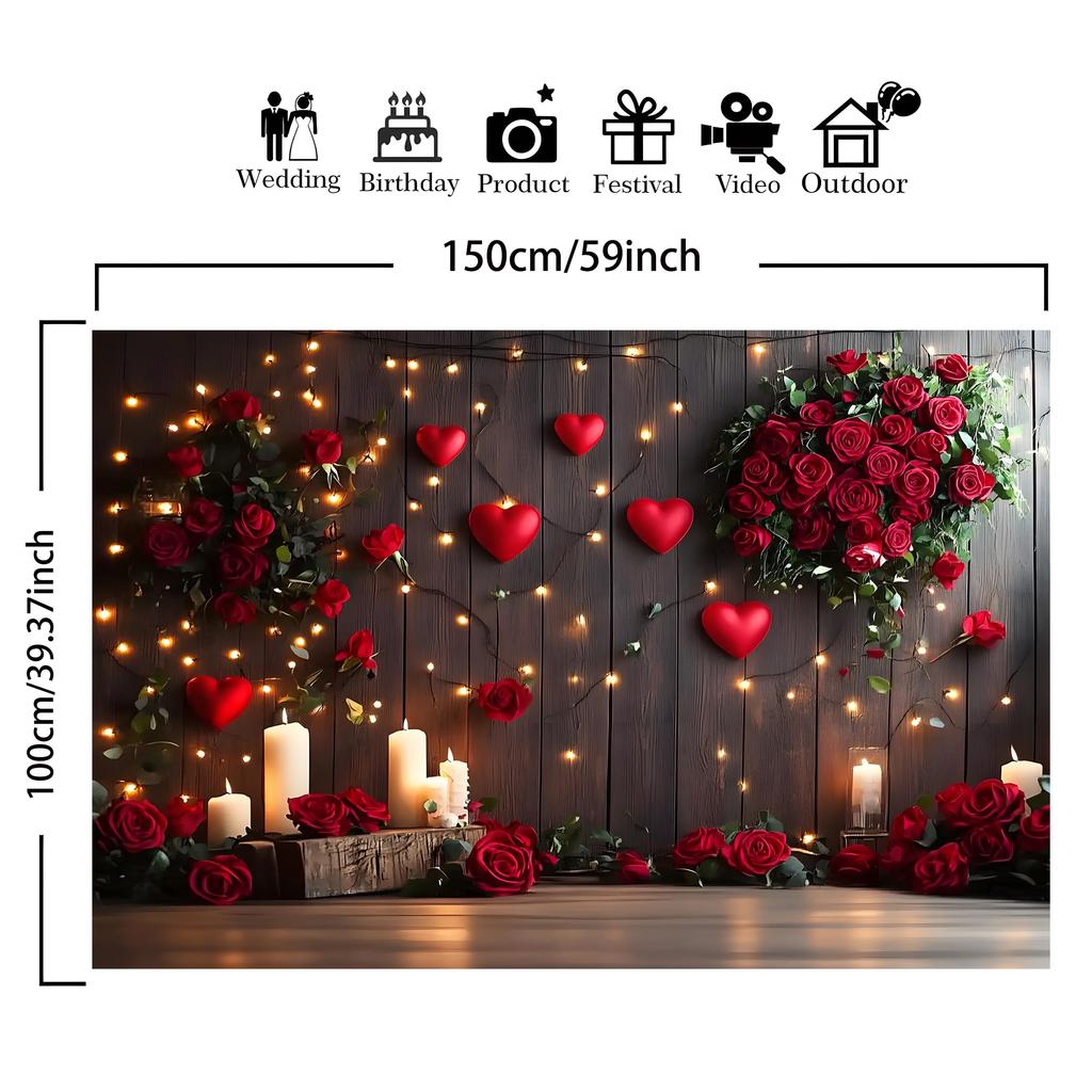 Red Roses Hearts Candles Fairy Lights Wood Wall Tapestry Wall Hanging For Valentine Day Wedding Decor Romantic Floral Art Print