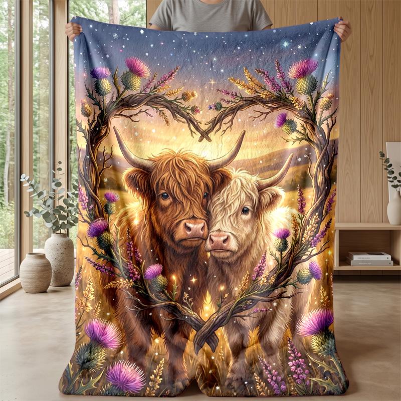 Highland Cows Art Theme Blanket Lightweight Warm Flannel Blanket Decorative Throw Blanket for Home Decoration