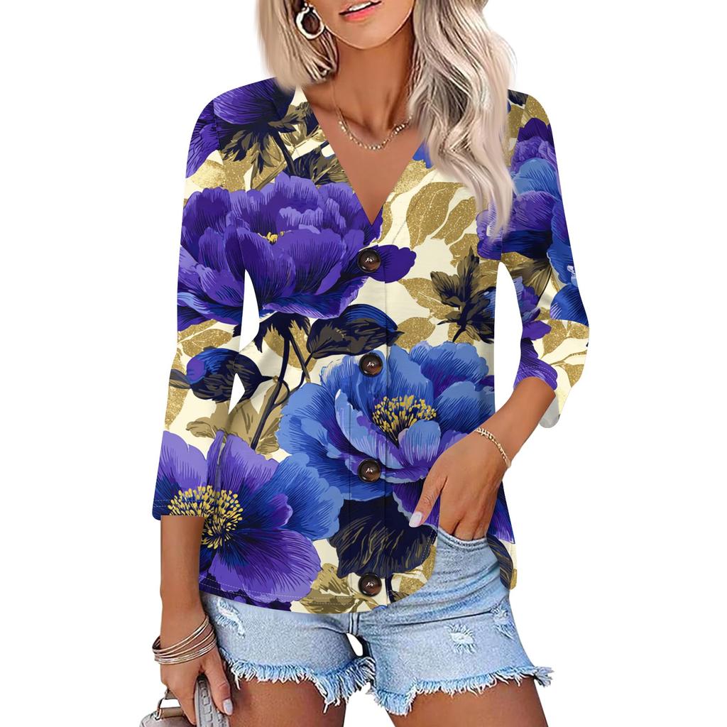 Women's Casual Fashion Floral Print Three-quarter Sleeve Button Cardigan Top