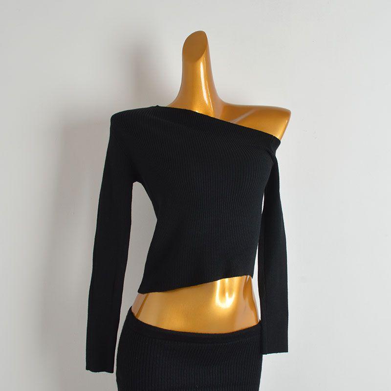 & Fall New Arrival Pure Color One-Shoulder Cold-Shoulder Long Sleeves Bottoming Shirt Women's Clothing Silm Slimming and Short Pullover Knitwear Tops