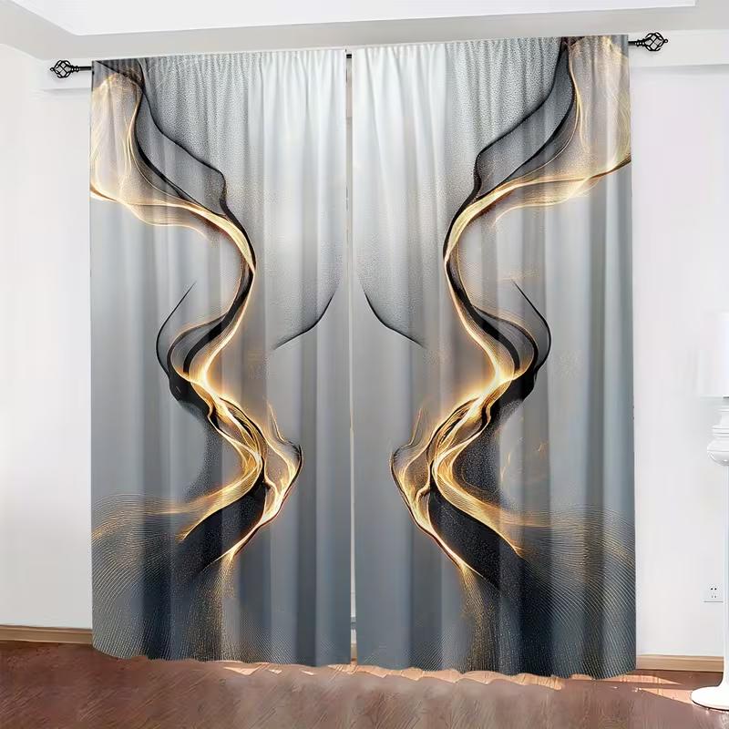 2PC Abstract Gold & Black Smoke Curtains - Modern Gradient Wave Print Window Drapes for Living Room Bedroom Decor