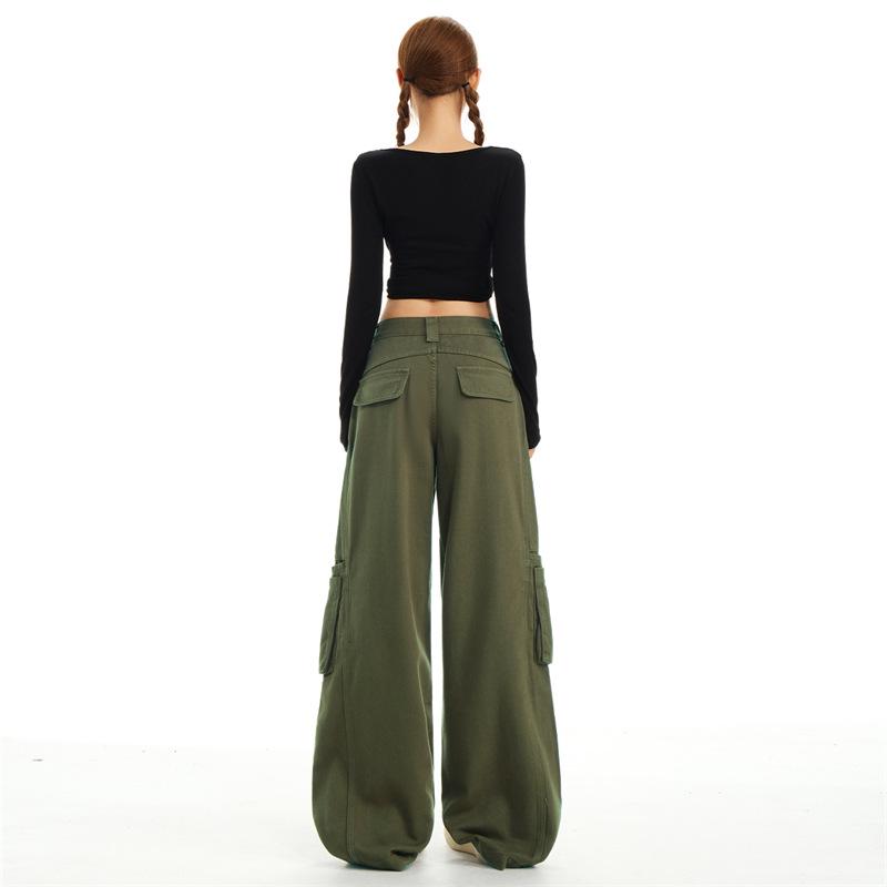 Women's Army Green Loose Cargo Jeans - Spring Style, Slim Fit, Wide Leg, Large Pockets