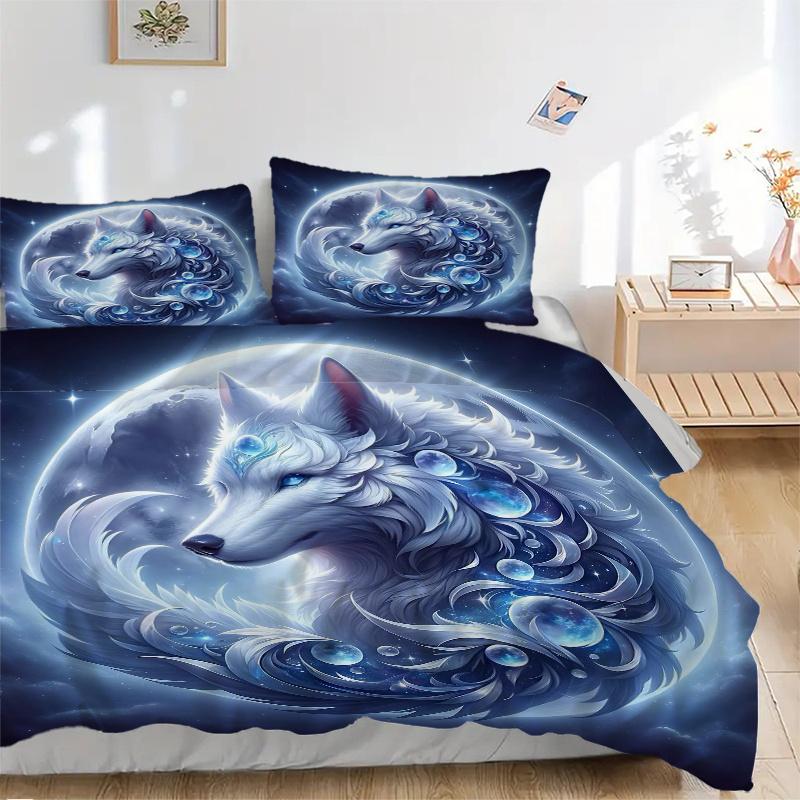 3pcs Enchanted Moonlit Wolf Bedding Set - Includes 1 Quilt Cover and 2 Pillowcases, Comfortable Bedding with Stylish Design for Bedroom, Machine