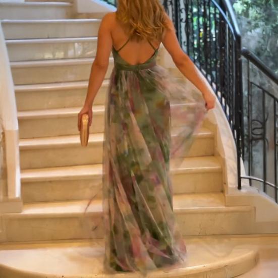 Women's Mesh Spaghetti Strap Maxi Dress Deep V Neck Backless Evening Dress Floral Printed