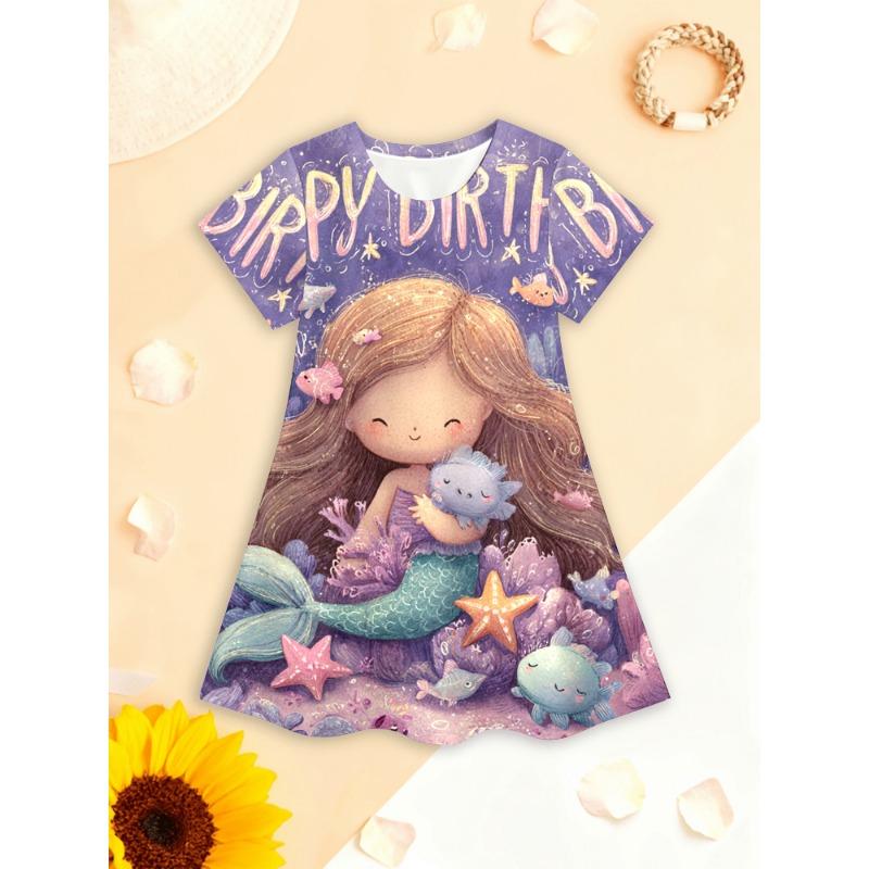 

Girls 3D Summer Dress Cute Mermaid Cartoon Print Dress for Birthday Party, School And Beach, Playful Bright Underwater Design 110