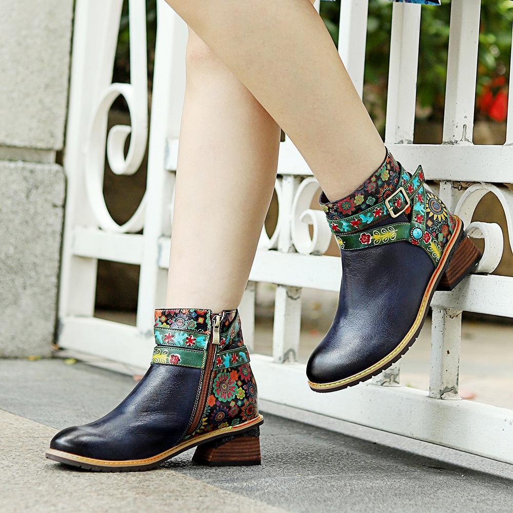 Genuine Leather Patchwork High Heels Retro Embossed Hand-painted Pumps Versatile Women's Shoes