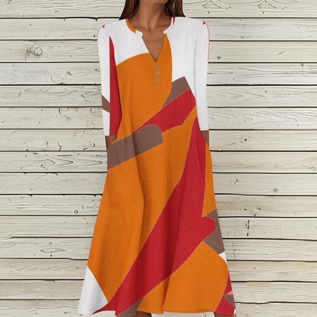 Women's Summer Casual V-Neck Button Retro Geometric Print Three-quarter Sleeve Long Dress With Pockets