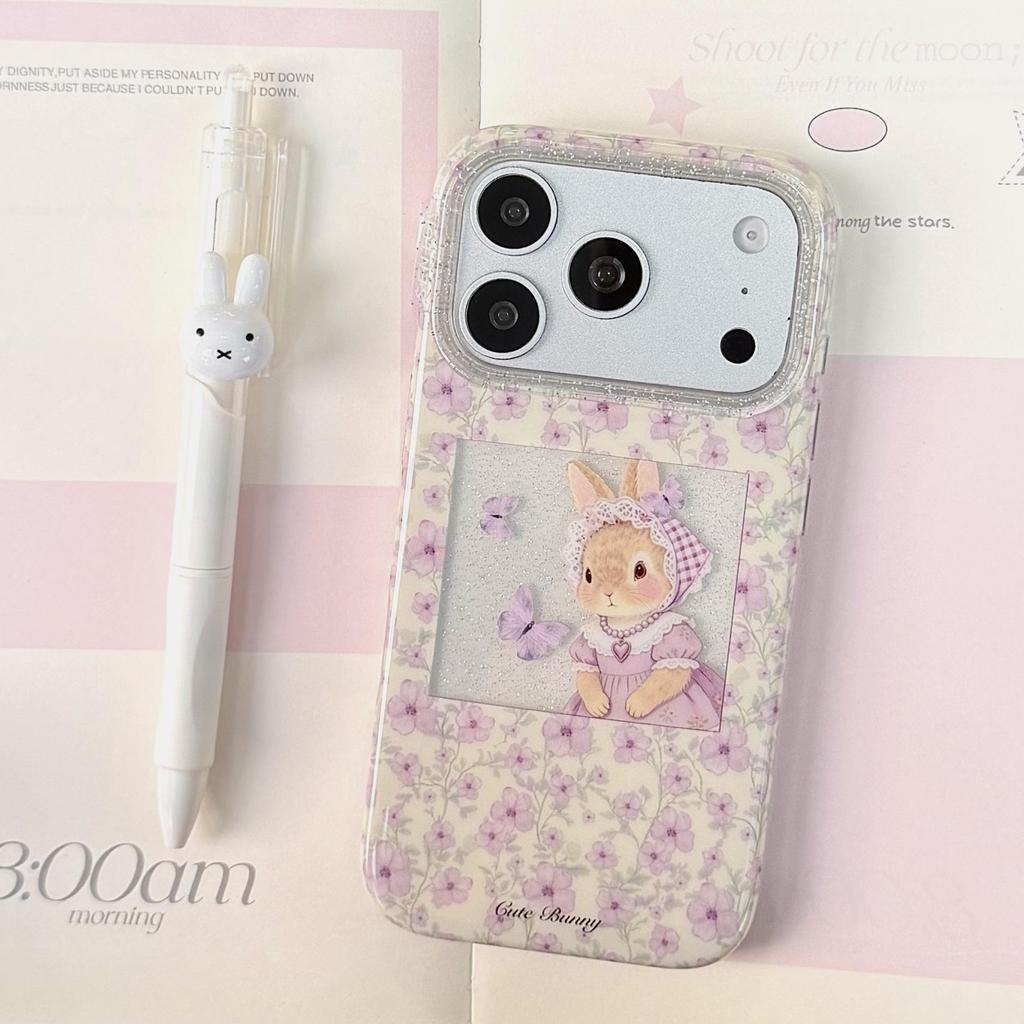 Purple Floral Rabbit Chain Case for iPhone 15/14/16/17 Pro Max