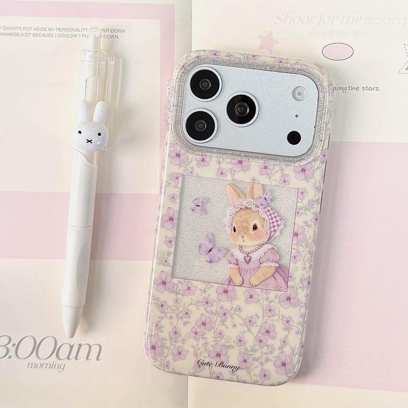 

Purple Floral Rabbit Chain Case for iPhone 15/14/16/17 Pro Max Apple 17