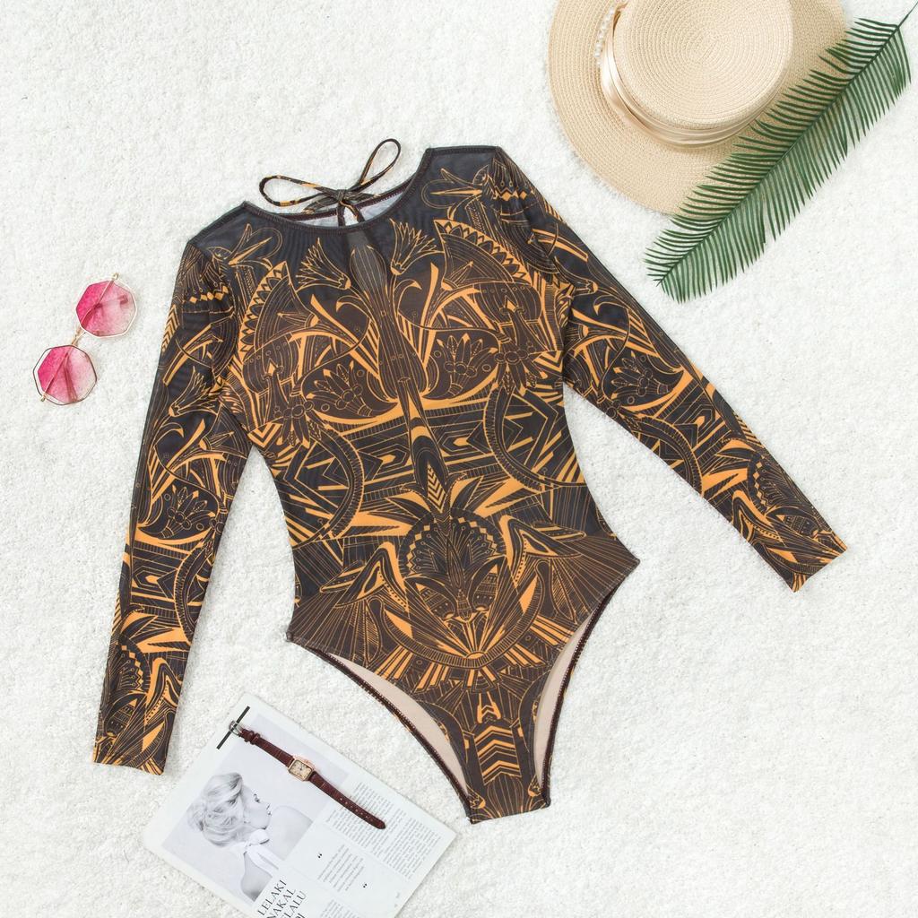 Damen Stammesgeometrischer Print Langarm Einteiler Badeanzug Rundhalsausschnitt UPF Sonnenschutz Schlanke Passform Surfen Tauchen Bodysuit