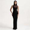 Elegant High Neck Sleeveless Mesh Patchwork Shirring Long Dress for Women - Spring/Summer Evening Gown