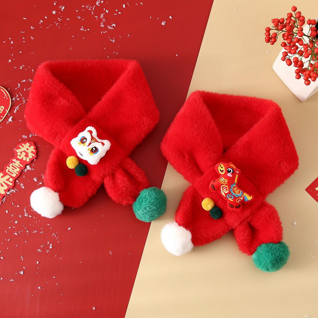 Autumn Winter Children'S Scarf Chinese Style Zodiac Animals Red Scarf Cartoon Pony Plush Neck Warm Scarves New Year Gift
