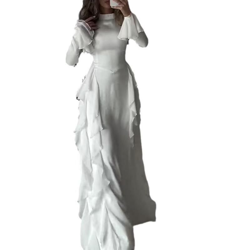 Western Style New Fashion Temperament Lace Half-high Collar Bell Sleeve Dress Flared Sleeve Dress