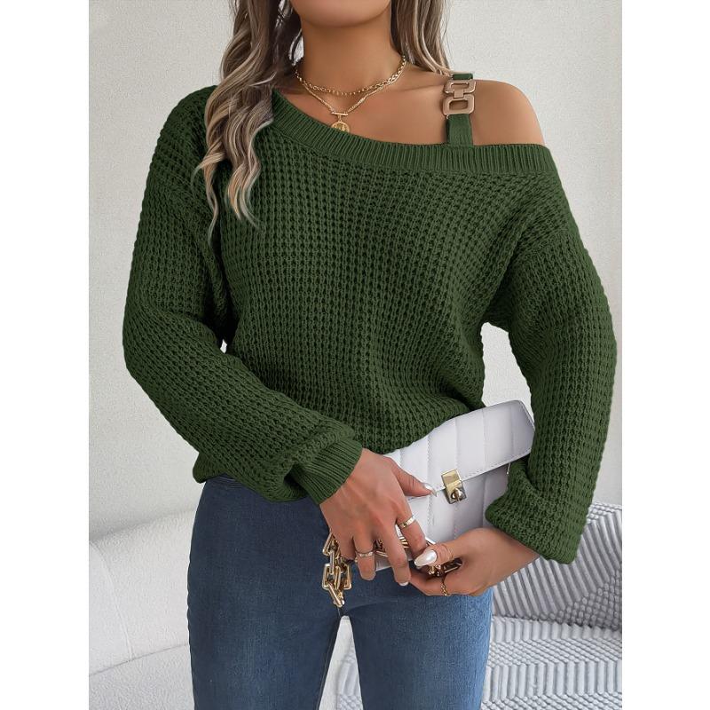 VEZFAA Women's Fashion Casual Fall Winter Solid Color Print Long Sleeve Oblique Collar Sweaters