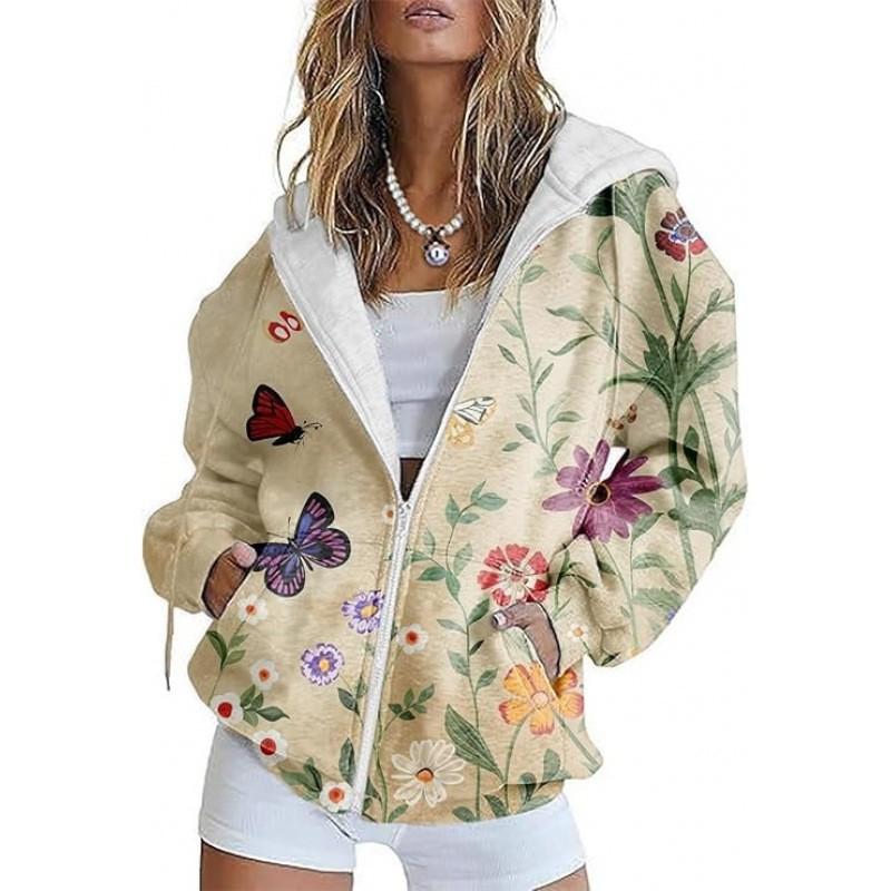 Womens Oversized Hooded Zip-Up Sweatshirt With 3D Printed Winter Casual Loose Fit