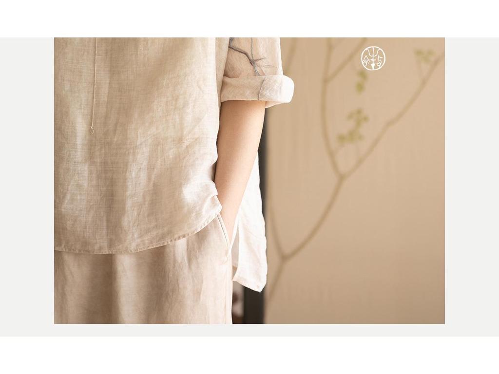 Autumn Artistic Embroidery Ramie Shirt - Zen Tea-Inspired Retro Loose Chinese Top