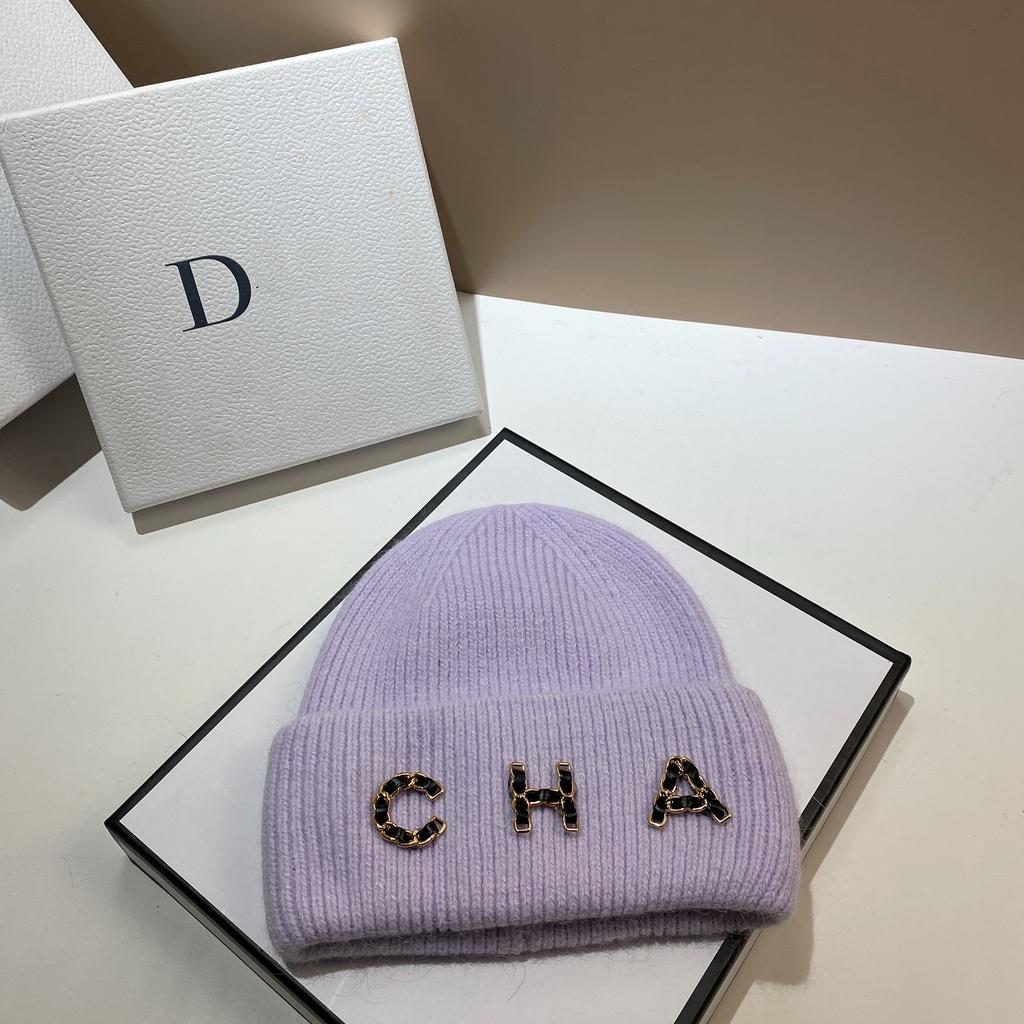 Chain Letter Cha Simple Wool Hat Winter Warm Rabbit Hair Double Fold Knitted Hat Outdoor Ear Protection