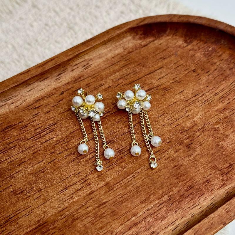 French Pearl Flower Sparkling Tassel Earrings For Women Jewelry Accessries