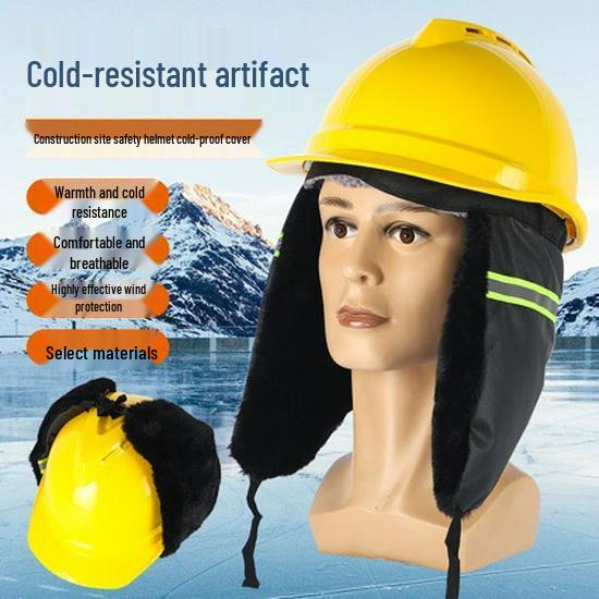 Thickened Winter Safety Helmet Liner: Warm Cotton Hat with Ear Protection for Construction Sites Tie Style Half Leather Hat with Fleece (no helmet)