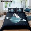Cartoon Astronaut King Queen Duvet Cover Kawaii Spacecraft Bedding Set for Kids Outer Space Blue 2/3 Pcs Polyester Quilt Cover