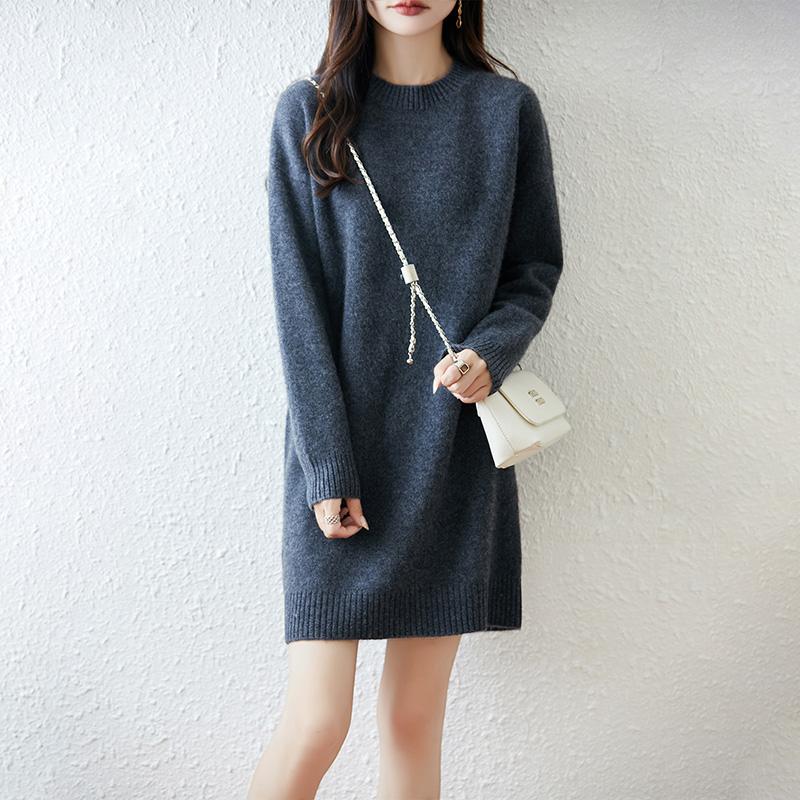 Women Sweater Dress 100% Wool MODERN NEW SAGA O-neck Knit Long Pullover Winter Jumpers Wool Long Dress Female