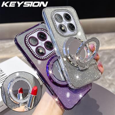 KEYSION Glitter Jewelled Magnetic Phone Case for Redmi Note 14 Pro+ 5G Makeup Mirror Stand Shockproof Cover for Xiaomi POCO X7