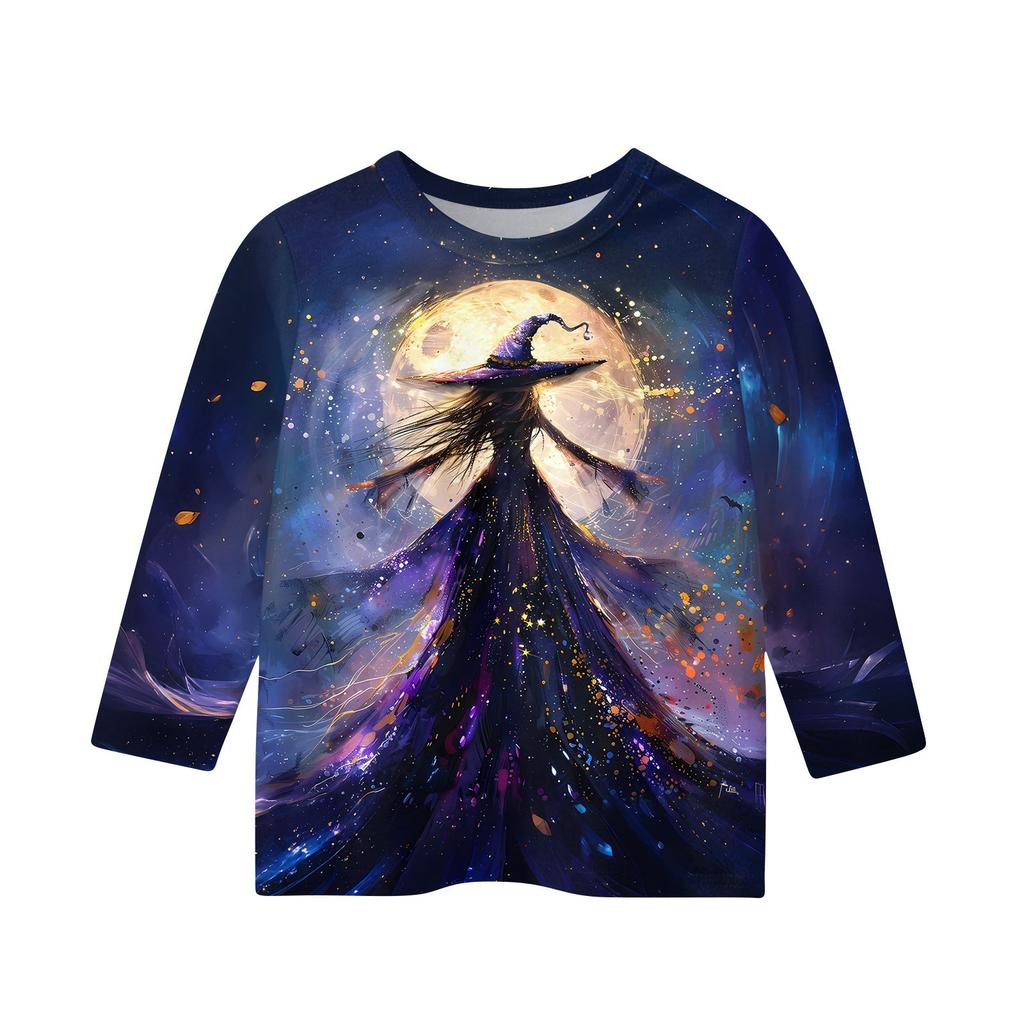 Children's 3/4 Sleeve Tops Casual Halloween Print T Shirt Round Neck Pullover Blouse