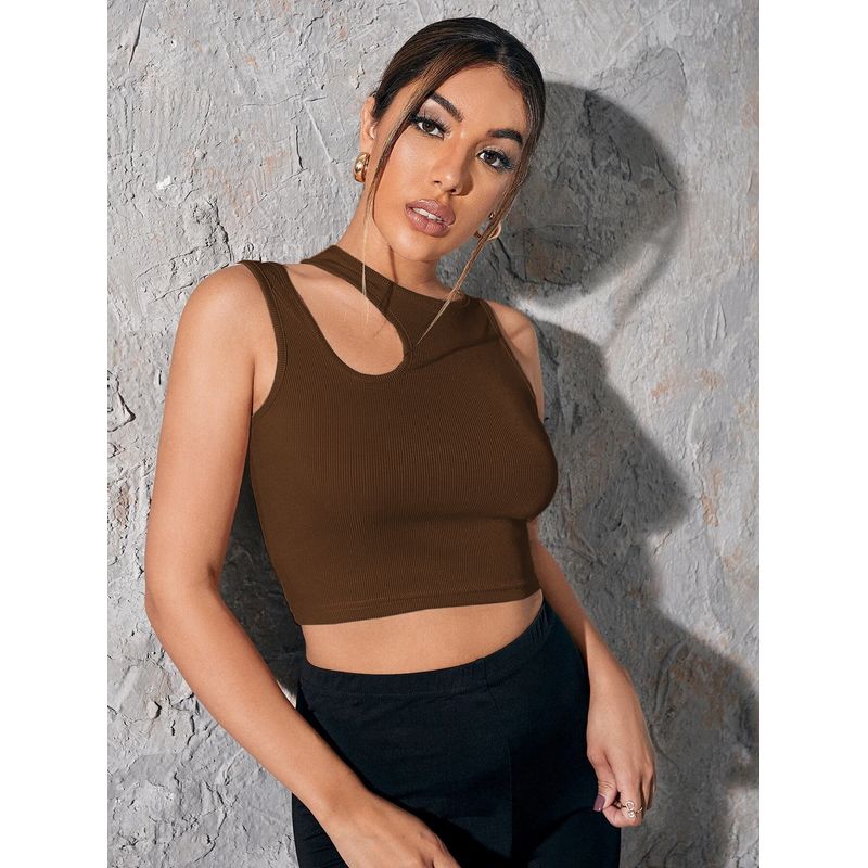 

Сексуальный топ с вырезами и круглым вырезом, облегающий, ультракороткий, сексуальный топ с вырезами и круглым вырезом, однотонный, женский Brown L